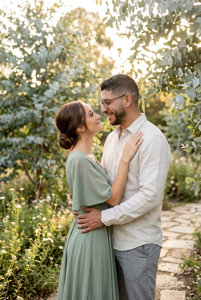 José Miguel y Amanda abrazados en un jardín al atardecer